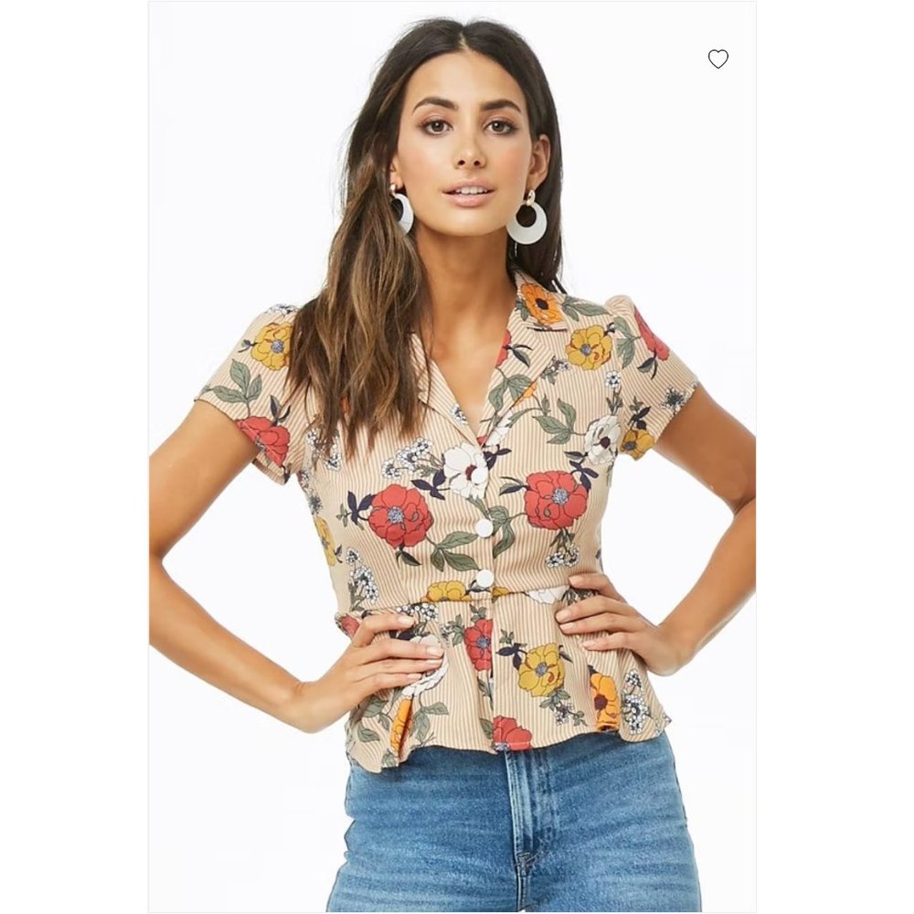 Floral Print Blouse/Shirt Short Sleeve Retro 60/70’s Flounce Striped Peplum